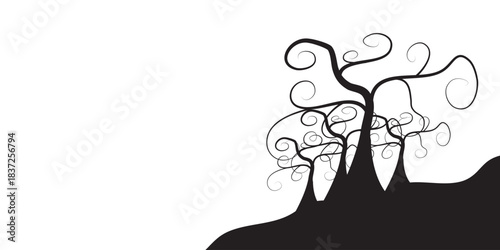 Stylized Black Trees with Swirling Branches on a Hill Silhouette.