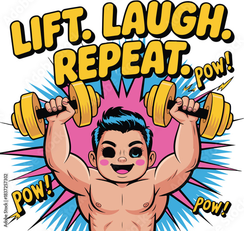 Anime character lifting yellow dumbbells with pow text