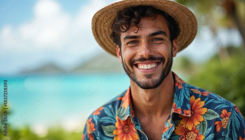 Naklejka premium Cheerful guy in Hawaiian shirt smiles near sea. Man wears summer hat. Tourist enjoys ocean view at seaside resort. Person positive emotions on vacation. Exotic travel destination with happy person.