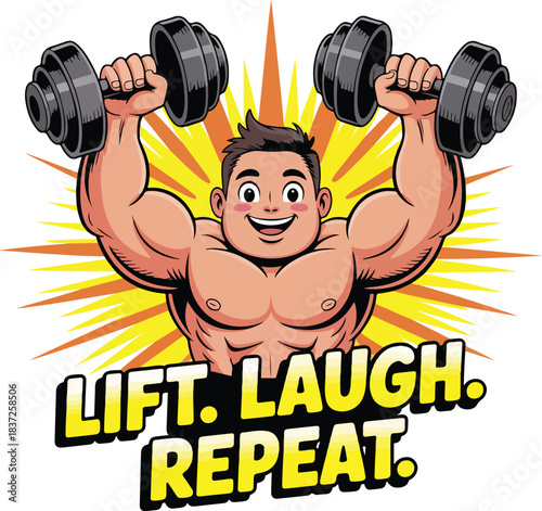Cartoon man with muscular arms lifting dumbbells with motivational text