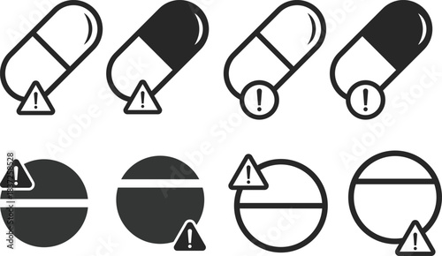 Drug Toxicity and Overdose Prevention icon set. Addiction Awareness, Poisoning Risk, and Medical Safety Signs