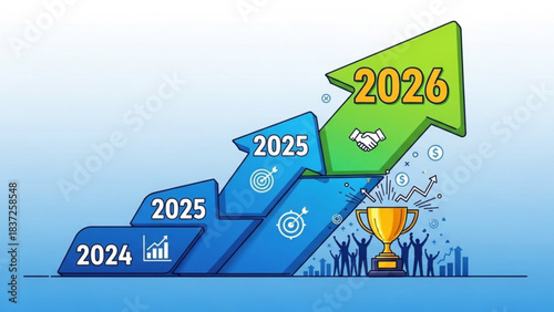 Striving Towards 2026: An upward trend symbolizes the ambition and progress, charting a path to a successful future, supported by teamwork.