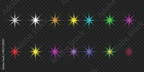 Collection of Various Colorful Starburst and Sparkle Light Effects on a Transparent Background