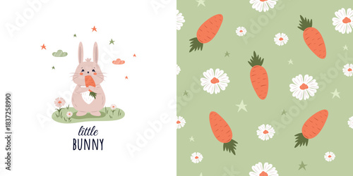 Children's background and seamless pattern with a funny baby bunny eating carrots. Vector design for fabric, wallpaper, wrapping paper, and more.