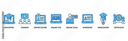 Online training icon set In Blue Style vector illustration for education, seminar, online course, online test, online class, workshop, graduation, certification�