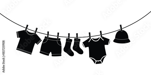 Baby clothes on laundry line vector illustration. Garments hanging with clothespins