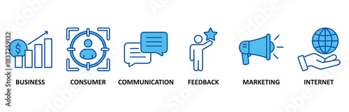 B2C icon set In Blue Style vector illustration for business to consumer concept of marketing with communications, feedback, marketing, and internet icon