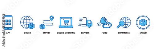 Delivery service icon set In Blue Style vector illustration for app, order, online shopping, supply, fast, food, commerce, and cargo