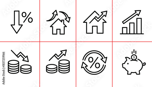 Financial line vector icons set. Economy, investment, interest rates, money symbols