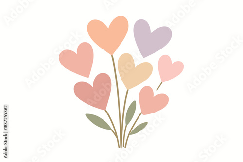 A bouquet of seven hearts instead of flowers: pastel shades of pink, peach, lilac, cream, and powder.