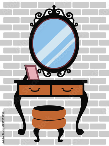 Vanity Table Reflection: An exquisite vanity table with an ornate mirror, nestled against a backdrop of exposed brick, radiates elegance.