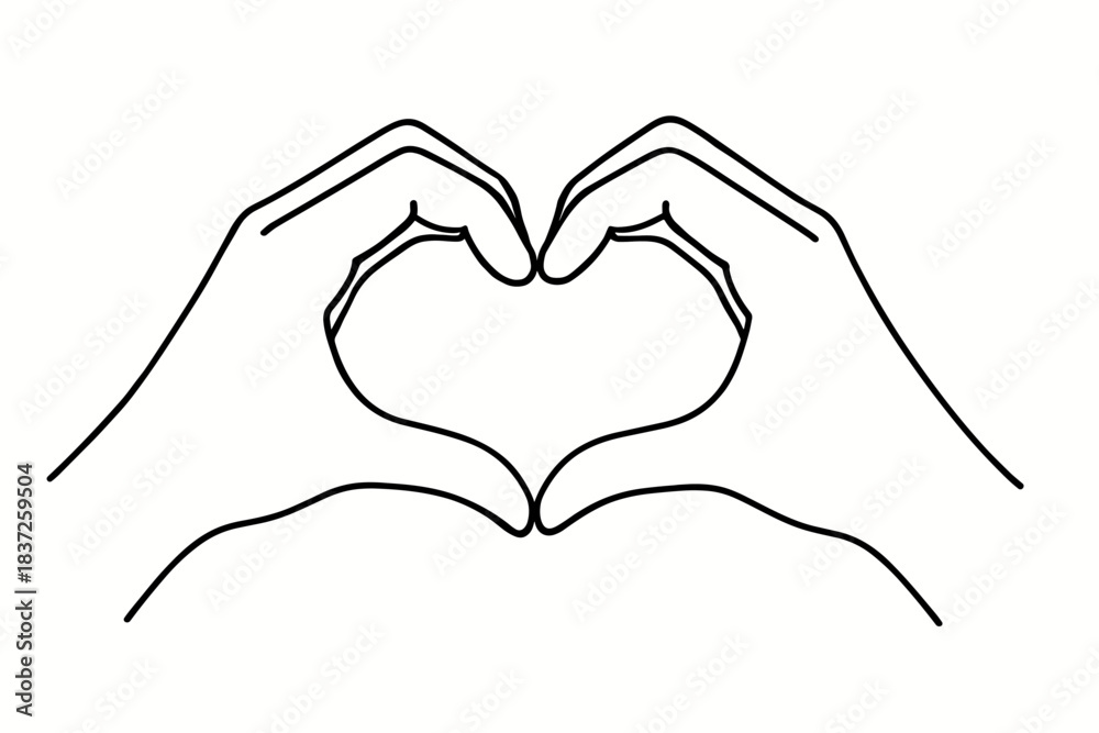 Fototapeta premium Two hands forming a heart shape — a gesture often used to express love, care, or gratitude. Minimalist style, thin line, no fill.