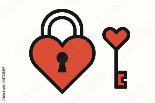 A flat red lock in the shape of a heart and a key with a heart-shaped head. The idea of fidelity, devotion, or a “locked” heart that only one person can open.