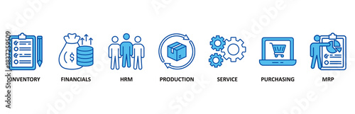 ERP icon set In Blue Style vector illustration for enterprise resource planning with icon of inventory, financials, hrm, production, service, purchasing, and mrp