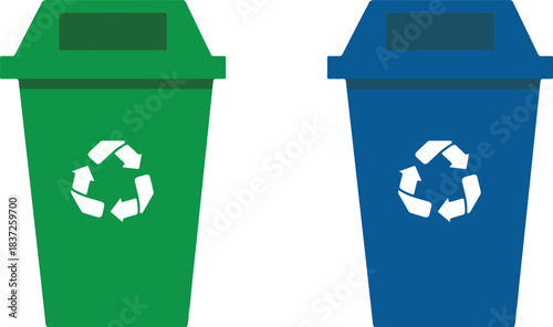 Recycling Bins: A pair of vibrant recycling bins, one a refreshing green and the other a deep blue, stand side by side.