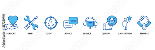 Customer care icon set In Blue Style vector illustration for customer support and telemarketing service with an icon of help, client, advice, chat, service, reliability, quality, and satisfaction