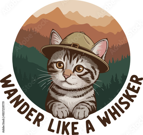 Cute tabby kitten wearing ranger hat with mountain forest vector background