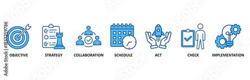 Action plan icon set In Blue Style vector illustration for objective, strategy, collaboration, schedule, act, launch, check, and implementation