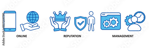 ORM icon set In Blue Style vector illustration for online reputation management with icon of internet, browser, winner, trust, favorite, and business