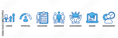 MBA icon set In Blue Style vector illustration for business administration with icon of career, potential, education, leadership, achievement, degree and management.