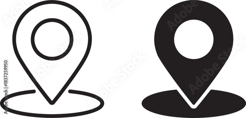 Two black location pin icons one outlined and one solid marker navigation