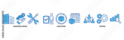 MES icon set In Blue Style vector illustration for manufacturing execution system with icon of factory, service, automation, operation, production, distribution, management, structure, and analysis