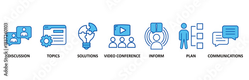 Meeting icon set In Blue Style vector illustration for business meeting and discussion with communications, topics, solutions, plan, inform and video conference icon