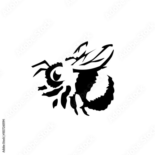 Cute, stylized silhouette of a busy bumblebee or honey bee in flight. A playful, friendly design representing nature, hard work, summer, and ecology in a bold, fun icon style