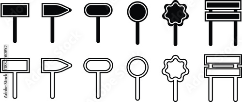 Road Sign Black Line and Flat Style Icon Set Collection Group with Various Blank Direction Board Shapes and Synonym Design Elements for Navigation, Guidance, Street Signal Vector