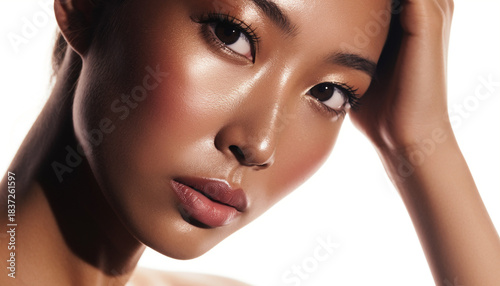 日本人, 超リアル, 美しい若い女性, 顔クローズアップ, 欠点のない肌, 輝く肌質, ナチュラルメイク, 柔らかなライティング, 美容CM風, シネマティック, カメラ目線, 高解像度, Japanese, ultra-realistic, beautiful young woman, face close-up, flawless skin, glowing complexion