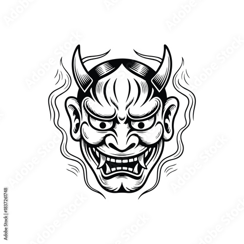 Scary Demon Mask Vector Illustration Bold Black & White Artwork