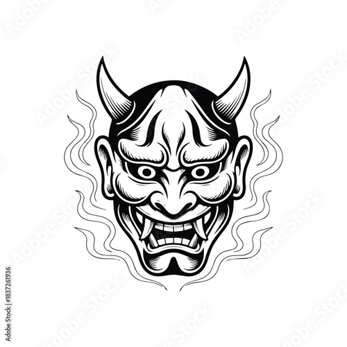Japanese Oni Mask Vector Detailed Demon Face Illustration
