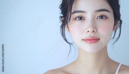 日本人, 超リアル, 美しい若い女性, 顔クローズアップ, 欠点のない肌, 輝く肌質, ナチュラルメイク, 柔らかなライティング, 美容CM風, シネマティック, カメラ目線, 高解像度, Japanese, ultra-realistic, beautiful young woman, face close-up, flawless skin, glowing complexion