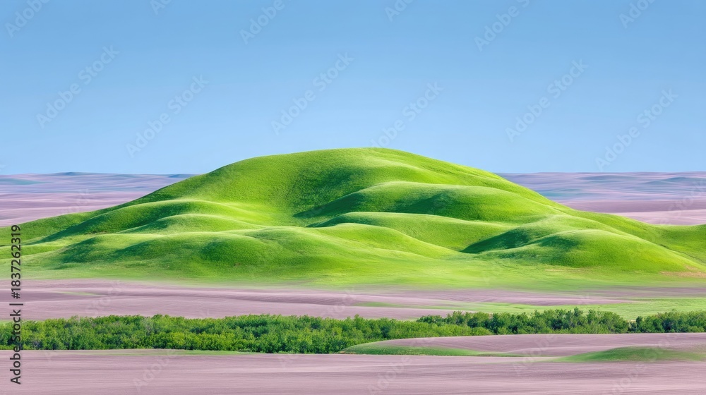 Obraz premium Vibrant Green Hill Centerpiece on Expansive Plains Under Clear Blue Sky Aerial View Majestic Natural Landscape