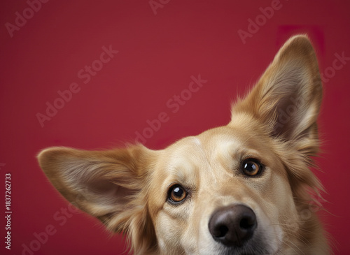 Golden dog with large ears and expressive eyes peeking into frame against bold red background, showing curiosity and alertness in close up portrait
