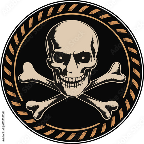 Skull and crossbones emblem on vector black circle