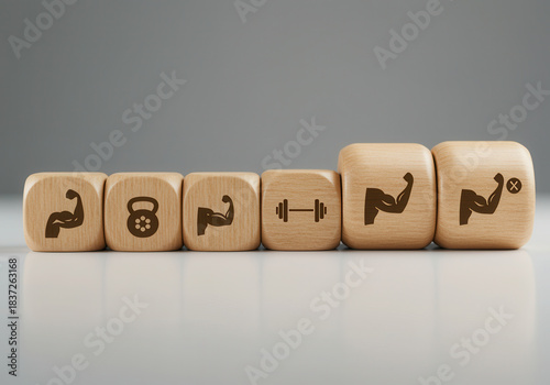 Wallpaper Mural Personalized Fitness Plan. Wooden cubes with muscle icons are arranged to model the multi-stage process workflow for tailoring exercise routines and strategic development Torontodigital.ca