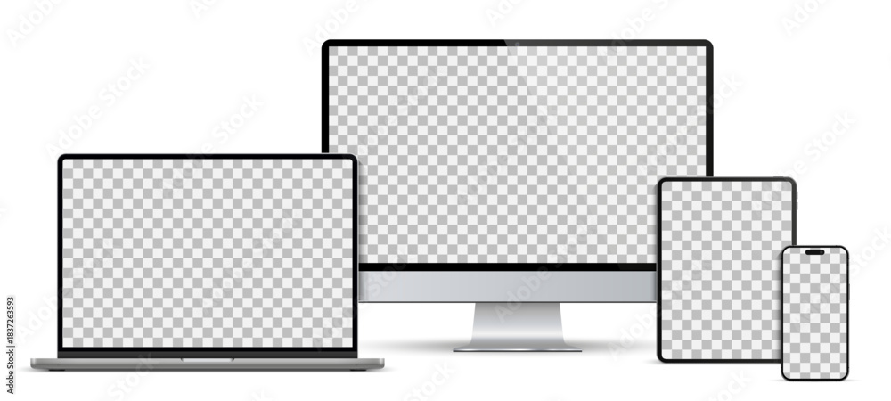 Fototapeta premium Modern computer, laptop, tablet, smartphone mockup front view, notebook mockup and phone device mockup ui ux app, set technology devices with transparent display, digital devices screen template