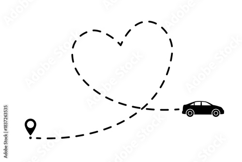 Dashed line drawing in heart form with car, concept love travel