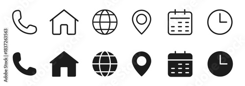 Contact interface icon set. Telephone, address, website, location, clock and calendar visit planning sign