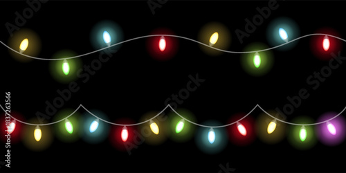 Realistic glowing colorful hanging Christmas lights, decoration lights seamless repeatable isolated realistic design elements, bright garlands bulbs, glowing lights - for stock