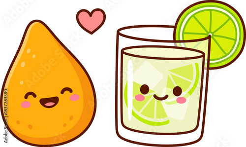 Traditional Brazilian Coxinha and Caipirinha couple, national food and drink in Brazil. Kawaii faces and cute heart. Cartoon vector illustration.