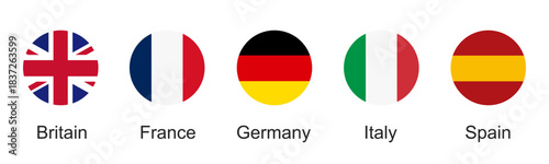 European flags in standard colors. Circle button icon flag set. United Kingdom, France, Germany, Italy, Spain