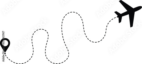 Airplane silhouette with dashed flight path, location pin travel route, aviation journey vector, scenic navigation concept, black aircraft icon illustration