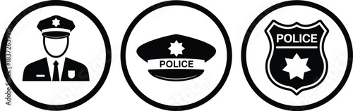 Police officer icon, police cap symbol, law enforcement badge vector, security service illustration, police emblem design for signage, UI, infographics