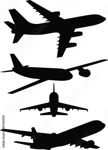 Airplane silhouette vector, aircraft icons set, aviation illustration, commercial jet views, black isolated plane shapes for travel, transport, flight content