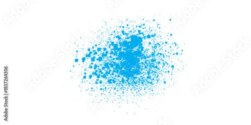 Dynamic blue spray paint splatter texture with fine droplets.
