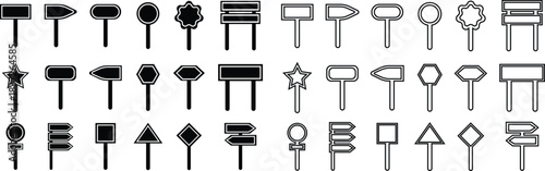 Road Sign Black Line and Flat Style Icon Set Collection Group with Various Blank Direction Board Shapes and Synonym Design Elements for Navigation, Guidance, Street Signal Vector