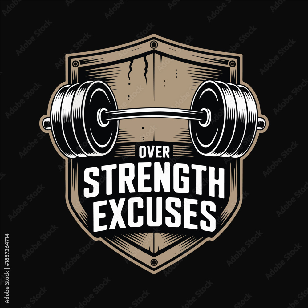 Fototapeta premium Vintage shield with barbell and text Over Strength Excuses vector