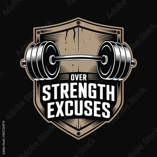 Vintage shield with barbell and text Over Strength Excuses vector